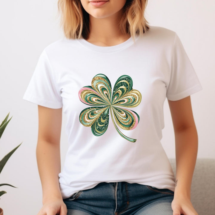St. Patrick’s Day Glitter Shamrock DTF transfer featuring sparkling green, pink, and gold glitter swirls perfect for festive DIY apparel.