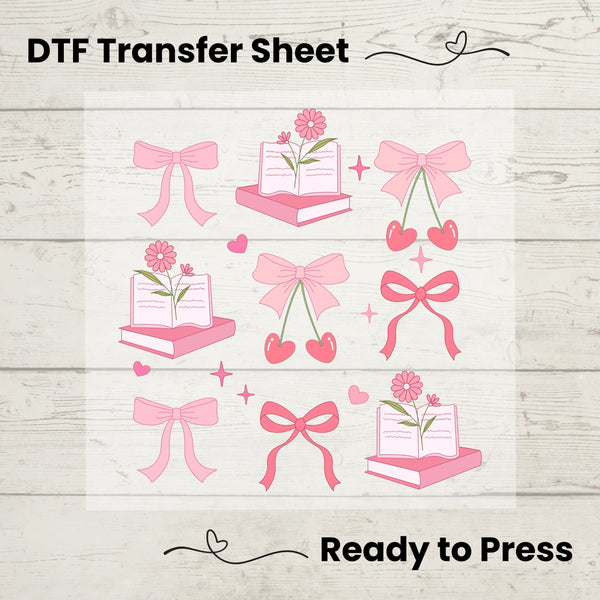 Coquette Books and Bows DTF, Dtf Transfer Sheet, Ready to Press, Custom Dtf, Diy Heat Transfer, Coquette Aesthetic  Shirt
