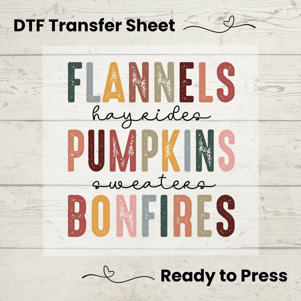 Flannels Pumpkins Bonfires DTF, Dtf Transfer Sheet, Ready to Press, Custom Dtf, Diy Heat Transfer, Fall Season Vibes, Autumn TShirt