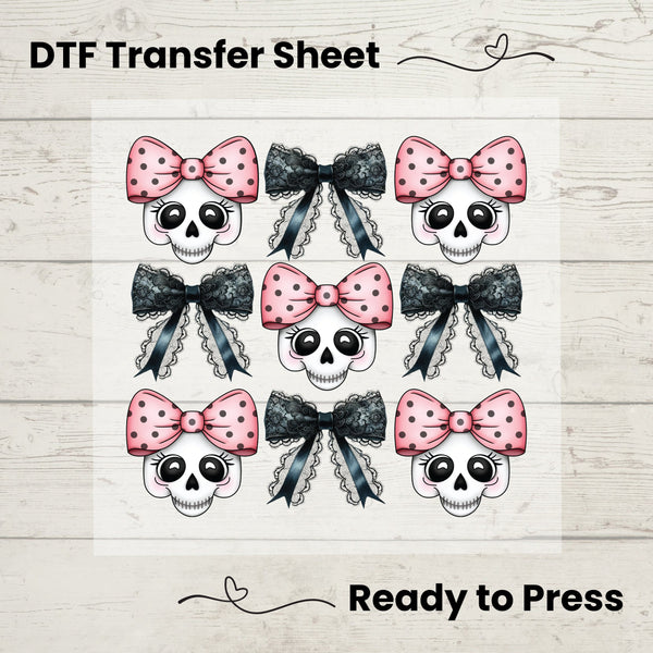 Coquette Bows and Skulls DTF, Dtf Transfer Sheet, Ready to Press, Custom Dtf, Diy Heat Transfer, Coquette Aesthetic Shirt, Disco Halloween