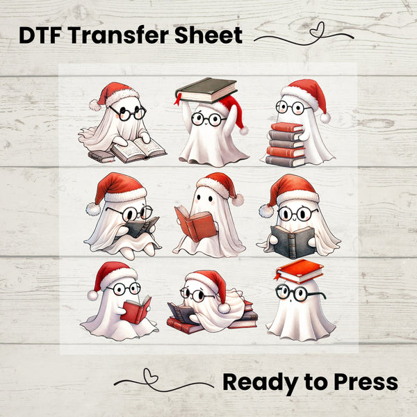 Christmas Ghost with Book  DTF, Dtf Transfer Sheet, Ready to Press, Custom Dtf, Diy Heat Transfer, Cute Christmas Ghost, Booklover Gift