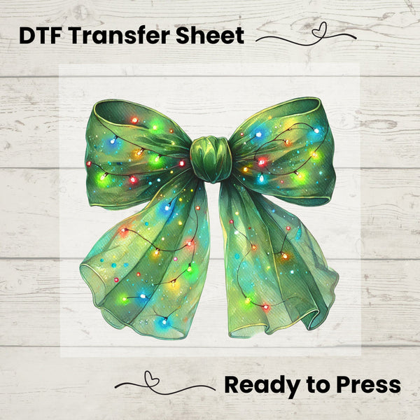 Christmas Lights Coquette Bow DTF, Dtf Transfer Sheet, Ready to Press, Custom Dtf, Diy Heat Transfer, Coquette Aesthetic, Green Bow Tee