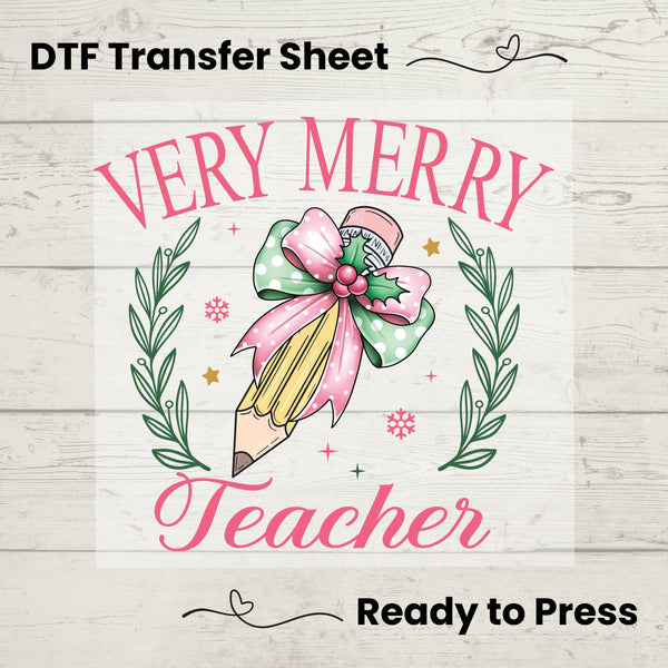 Teacher Pink Christmas Coquette Bow DTF, Dtf Transfer Sheet, Ready to Press, Custom Dtf, Heat Transfer, Teacher Gift, Coquette Aesthetic