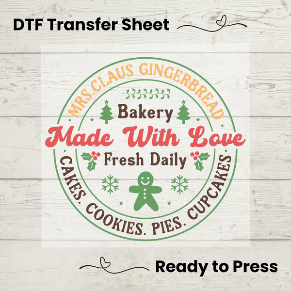 Mrs. Claus Gingerbread Bakery DTF, Transfer Sheet, Ready to Press, Custom Dtf, Heat Transfer, Christmas Gift, Holiday Baking, Sweater Gift