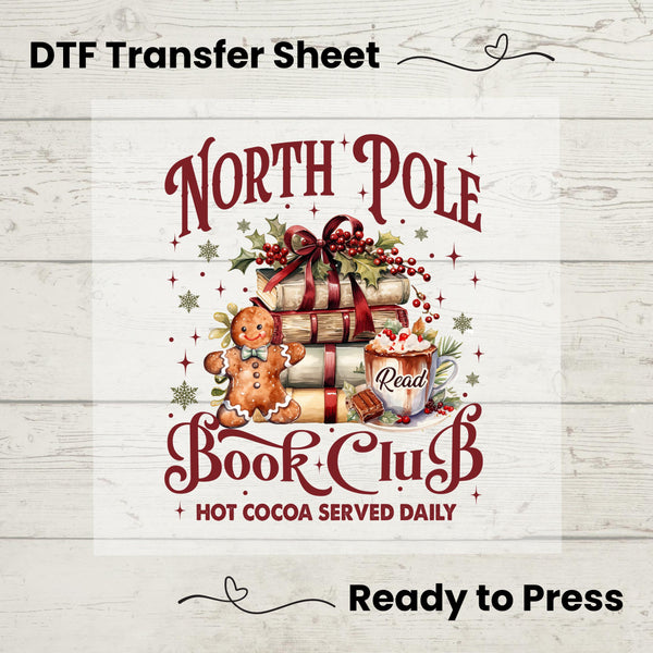 North Pole Book Club DTF, Dtf Transfer Sheet, Ready to Press, Custom Dtf, Diy Heat Transfer, Holiday Craft, Booklover Tee, Booklover Gift