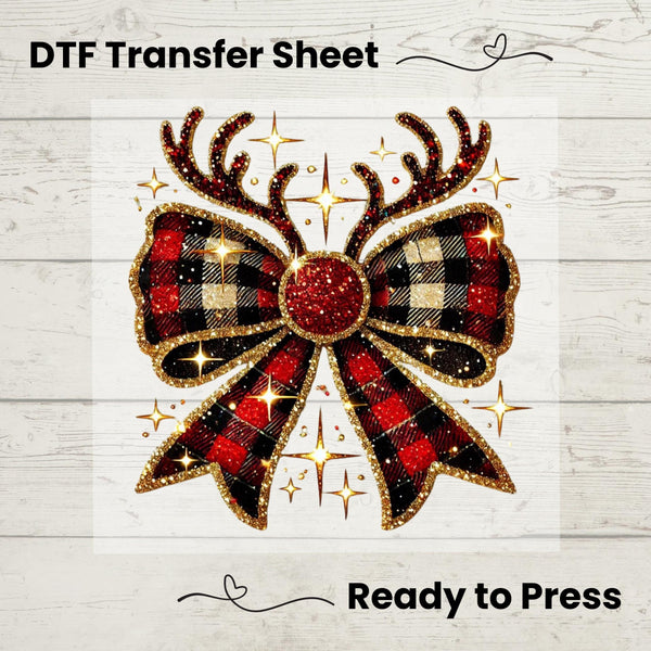 Christmas Reindeer Bow DTF, Dtf Transfer Sheet, Ready to Press, Custom Dtf, Diy Heat Transfer, Holiday Craft, Coquette Christmas Glitter Bow