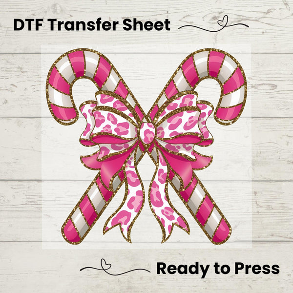Coquette Glitter Christmas Candy Cane DTF, Dtf Transfer Sheet, Ready to Press, Custom Dtf, Heat Transfer, Pink Bow, Holiday Sweater Gift