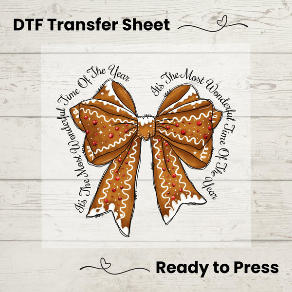 Coquette Gingerbread Bow DTF, Dtf Transfer Sheet, Ready to Press, Custom Dtf, Diy Heat Transfer, Holiday Sweater, Most Wonderful Time