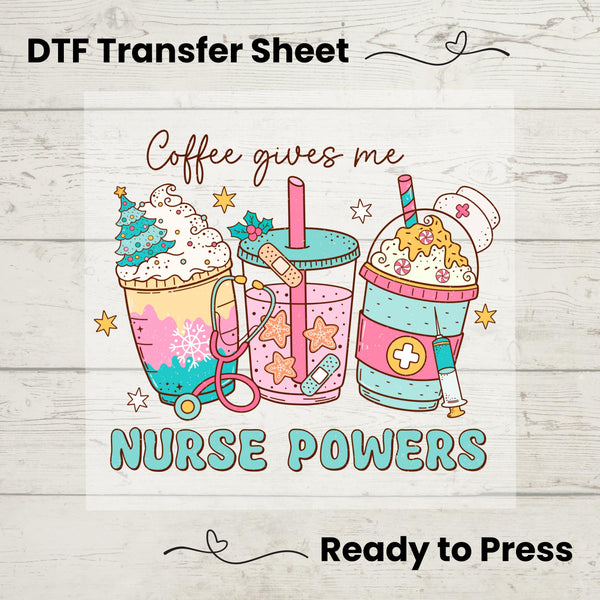 Nurse Powers Christmas DTF, Dtf Transfer Sheet, Ready to Press, Custom Dtf, Diy Heat Transfer, RN Holiday Shirts,  Nurse Coffee Tshirt