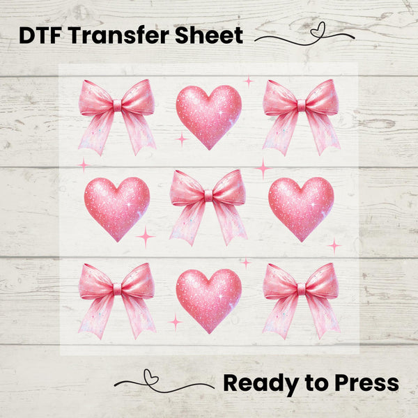 Valentine's Day Coquette DTF, Dtf Transfer Sheet, Ready to Press, Custom Dtf, Diy Heat Transfer, Valentines Day, Coquette Pink Bows Hearts