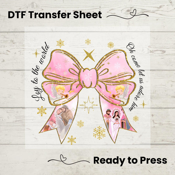 Pink Jesus Christmas Coquette Bow DTF, Dtf Transfer Sheet, Ready to Press, Custom Dtf, Heat Transfer, Holiday Craft, Joy to the World Tee