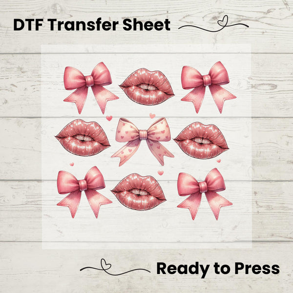 Valentine's Day Coquette DTF, Dtf Transfer Sheet, Ready to Press, Custom Dtf, Diy Heat Transfer, Valentines Day, Coquette Pink Bows Lips