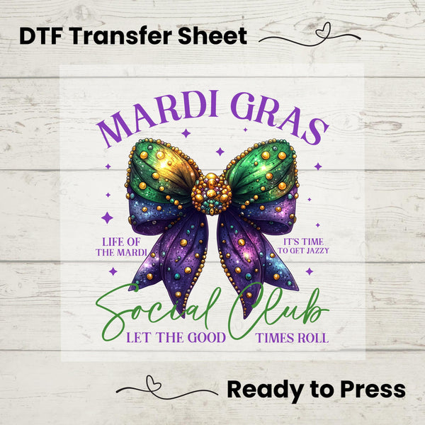 Coquette Mardi Gras Bow DTF, Dtf Transfer Sheet, Ready to Press, Custom Dtf, Diy Heat Transfer, Mardi Gras, Coquette Aesthetic, Social Club
