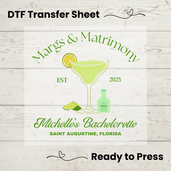Custom Margarita Bachelorette DTF Transfer Sheet | Personalized Margs and Matrimony Transfer | Bachelorette Party Decor | Bride Party DIY