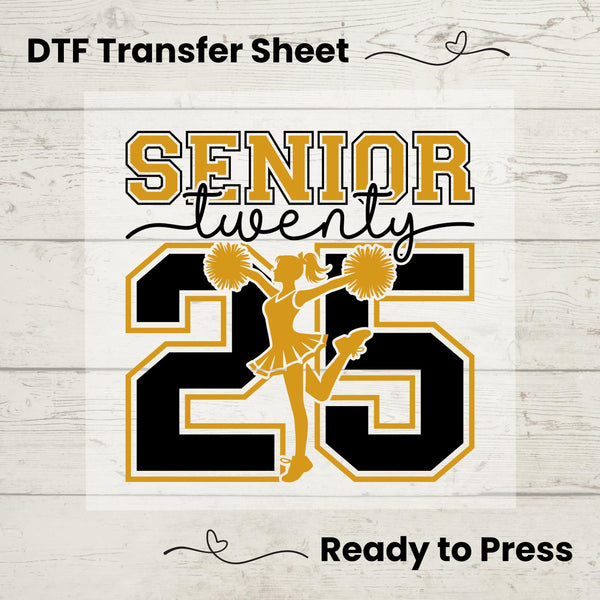 Senior 2025 Cheerleading DTF, Dtf Transfer Sheet, Ready to Press, Custom Dtf, Diy Heat Transfer, T-Shirt Transfer, Gold and Black Graduation