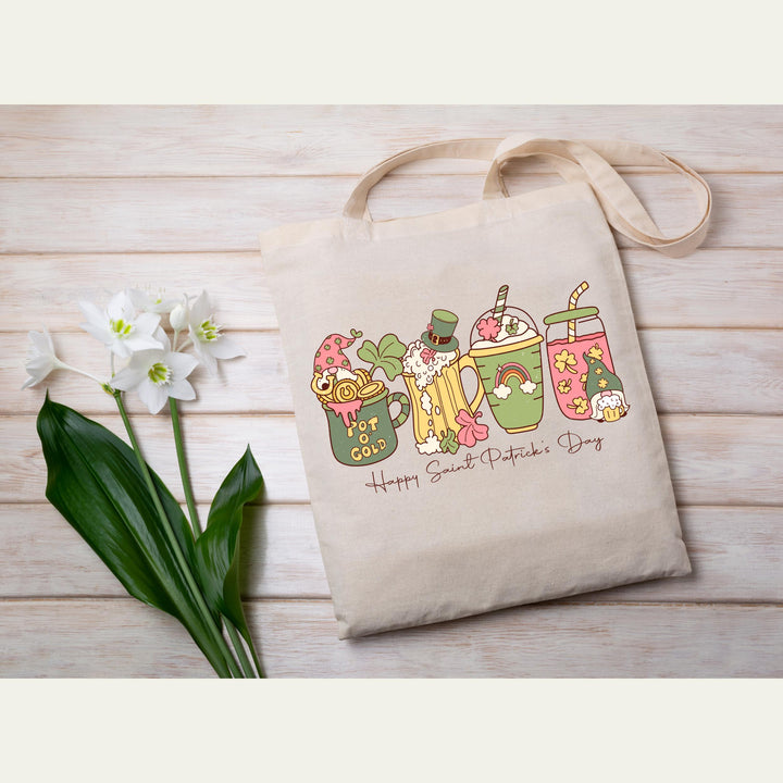 Retro St. Patrick's Day Drinks DTF Transfer with Irish coffee mugs, beer mug, shamrocks, Leprechaun hat, and cute gnome design