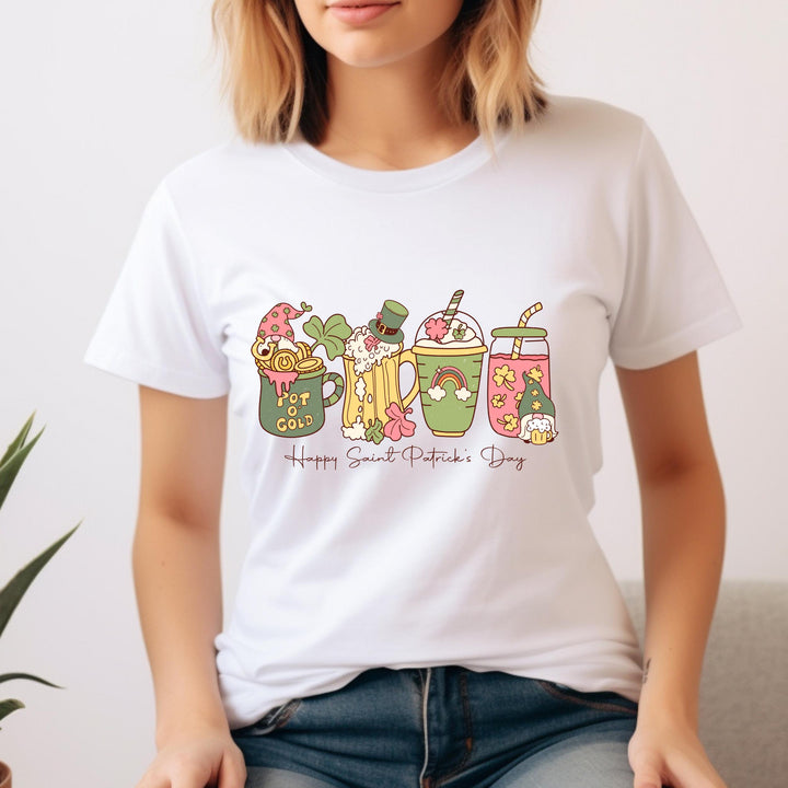 Retro St. Patrick's Day Drinks DTF Transfer with Irish coffee mugs, beer mug, shamrocks, Leprechaun hat, and cute gnome design