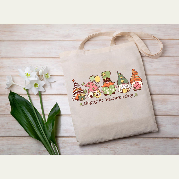 Retro St. Patrick’s Day DTF transfer featuring colorful, cute Irish gnomes with shamrocks, lucky hats, and pots of gold for DIY festive apparel