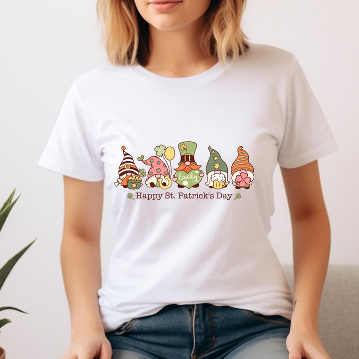 Retro St. Patrick’s Day DTF transfer featuring colorful, cute Irish gnomes with shamrocks, lucky hats, and pots of gold for DIY festive apparel.