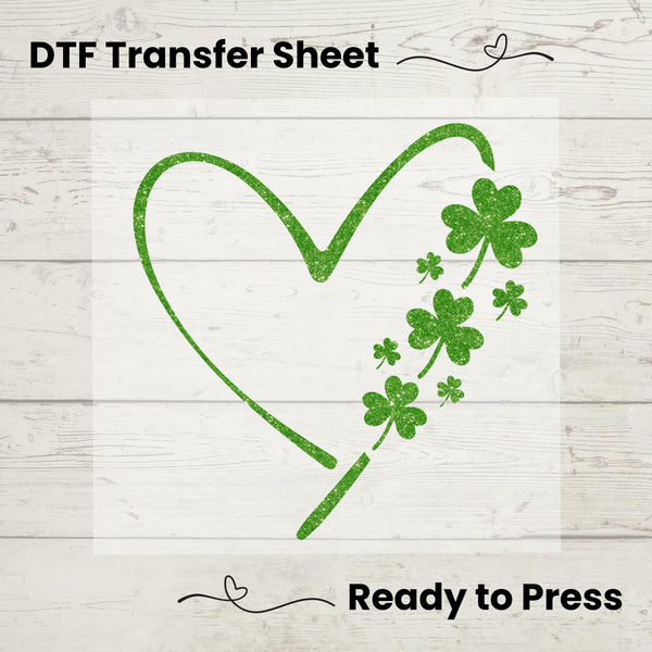 St. Patrick’s Day Heart DTF Transfer – Irish shamrock heat press design for t-shirts, hoodies, and tote bags, ready to press.