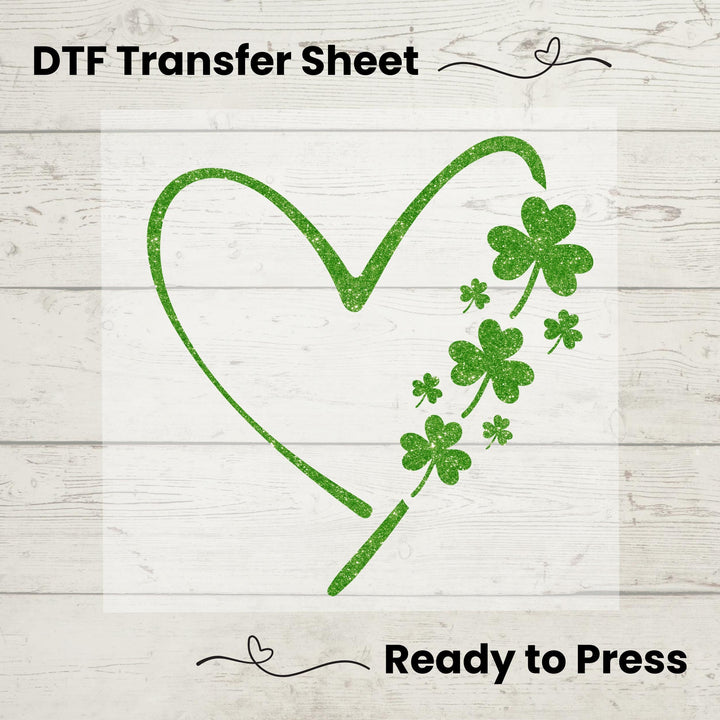 St. Patrick’s Day Heart DTF Transfer – Irish shamrock heat press design for t-shirts, hoodies, and tote bags, ready to press.