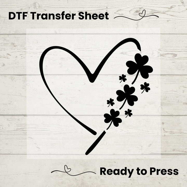 St. Patrick’s Day Heart DTF Transfer – Irish shamrock heat press design for t-shirts, hoodies, and tote bags, ready to press.