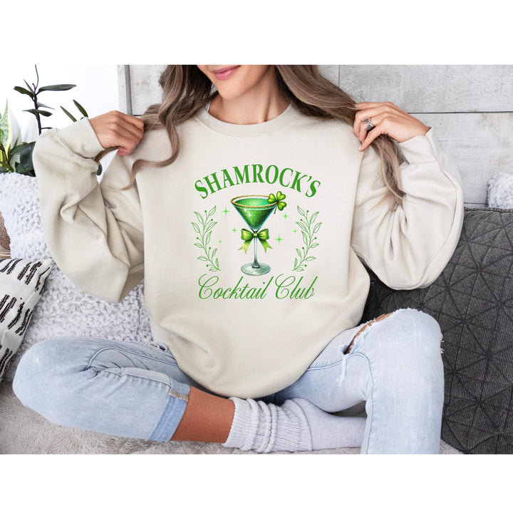 Shamrock’s Cocktail Club DTF transfer featuring an elegant green martini glass with shamrocks, bows, and sparkling details for DIY St. Patrick’s Day apparel