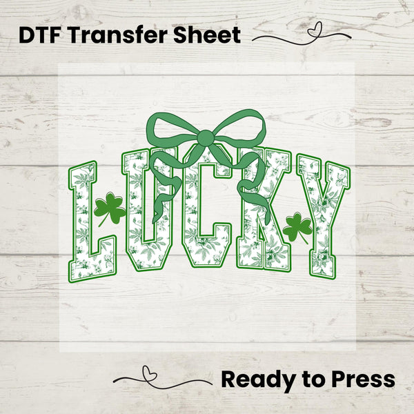 Lucky Vibes DTF Transfer – Chinoiserie Coquette St. Patrick’s Day heat press design with a retro green bow, ready to press for shirts and hoodies.