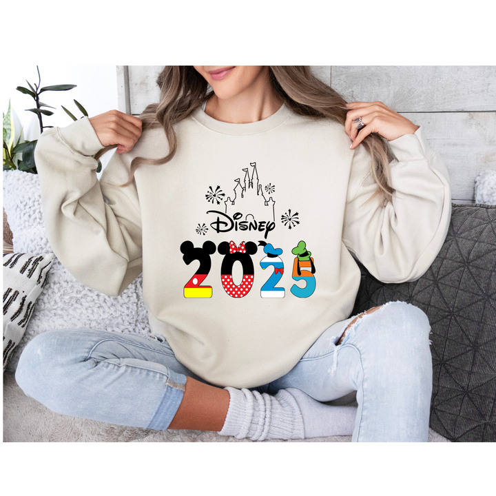 Disney Family Vacation 2025 DTF Transfer – Ready-to-press heat transfer featuring Mickey-inspired numbers, Cinderella Castle, and fireworks