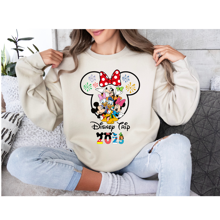 Disney Trip 2025 DTF Transfer – Minnie Ears & Mickey Friends ready-to-press heat transfer with fireworks and polka dot bow