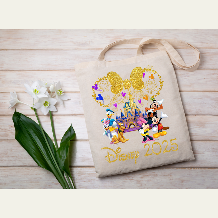 Disney Trip 2025 DTF Transfer – Minnie Bow & Mickey Friends ready-to-press heat transfer with gold glitter castle and fireworks.