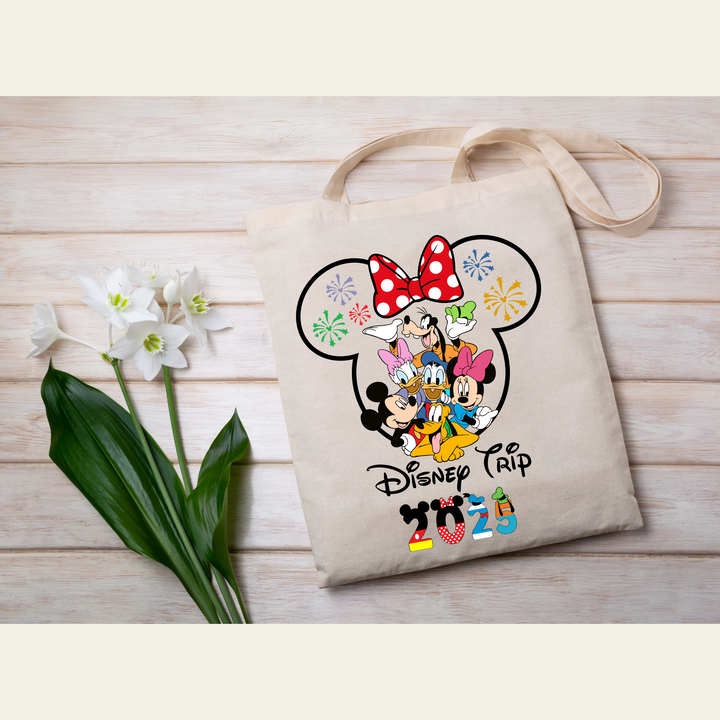 Disney Trip 2025 DTF Transfer – Minnie Ears & Mickey Friends ready-to-press heat transfer with fireworks and polka dot bow