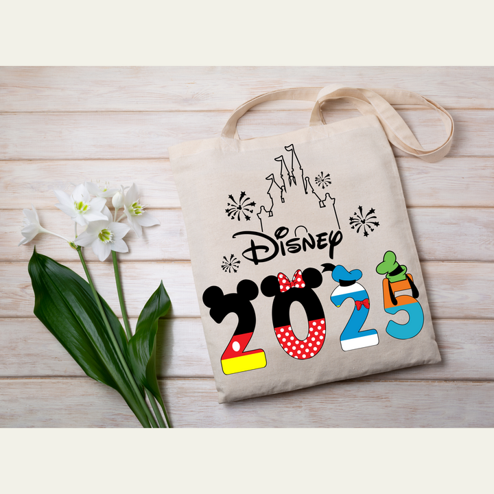 Disney Family Vacation 2025 DTF Transfer – Ready-to-press heat transfer featuring Mickey-inspired numbers, Cinderella Castle, and fireworks.