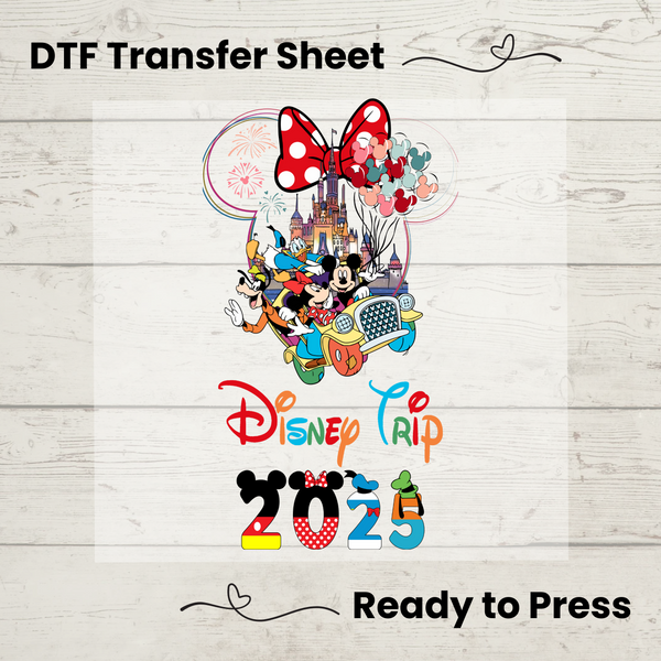 Disney Family Vacation 2025 DTF Transfer – Ready-to-press Minnie Ears heat transfer for DIY vacation shirts.