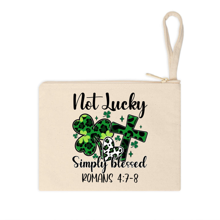 Not Lucky Simply Blessed DTF transfer featuring green leopard shamrocks, hearts, cross, and inspirational Romans 4:7-8 scripture—perfect for DIY faith apparel