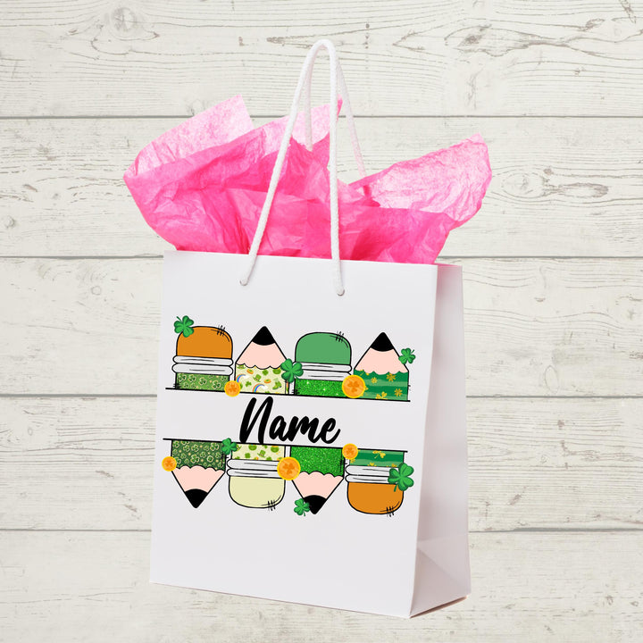 Personalized St. Patrick’s Day Teacher DTF Transfer – Custom name shamrock heat transfer featuring school elements and festive Irish design