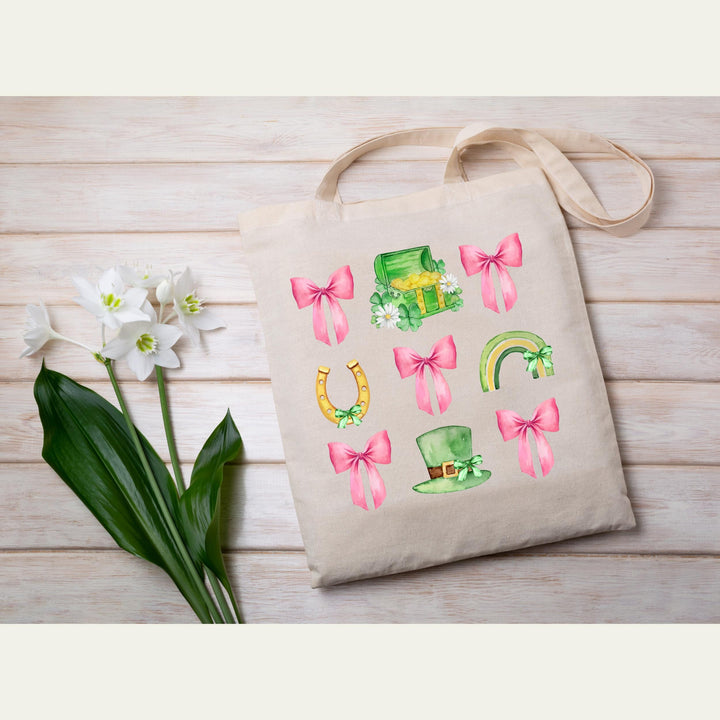 St. Patrick’s Day Coquette Bow DTF Transfer – Ready-to-press pink bow, shamrock, rainbow, and lucky horseshoe heat transfer for stylish DIY shirts and tote bags.