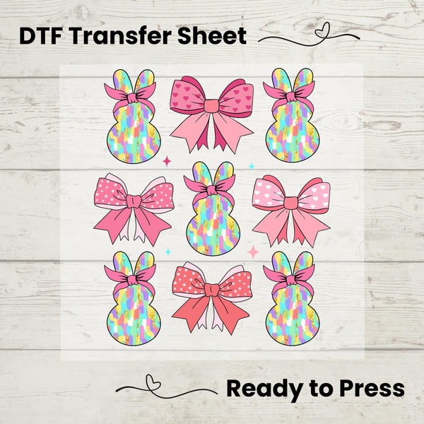 Pink Easter Bunny DTF Transfer with Pastel Bows - Coquette Aesthetic Heat Press Sheet