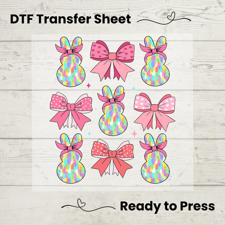 Pink Easter Bunny DTF Transfer with Pastel Bows - Coquette Aesthetic Heat Press Sheet