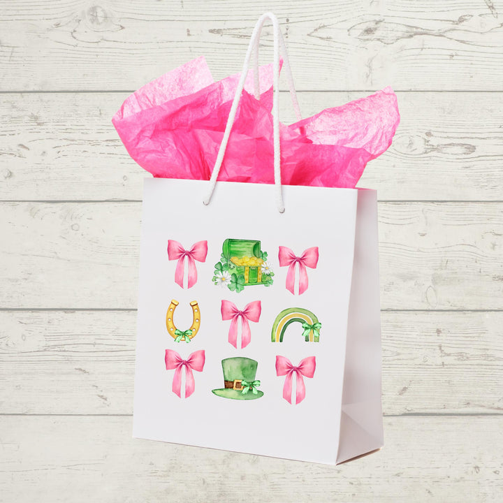 St. Patrick’s Day Coquette Bow DTF Transfer Bundle – 6-sheet ready-to-press heat transfer pack with pastel bows, shamrocks, and aesthetic Irish designs.