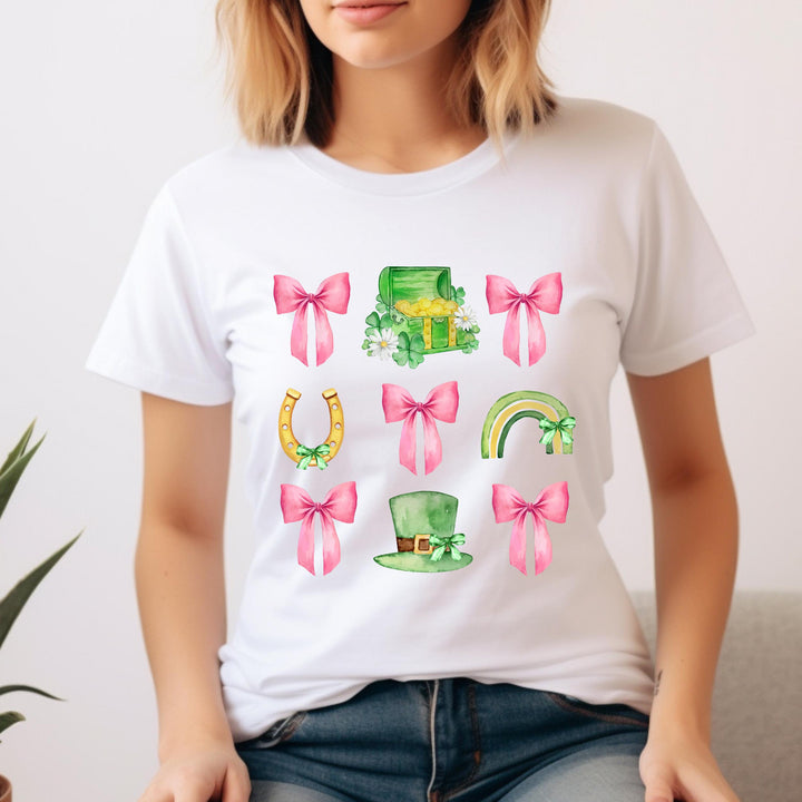 St. Patrick’s Day Coquette Bow DTF Transfer – Ready-to-press pink bow, shamrock, rainbow, and lucky horseshoe heat transfer for stylish DIY shirts and tote bags