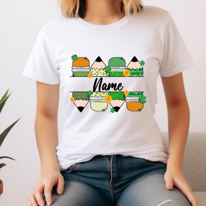 Personalized St. Patrick’s Day Teacher DTF Transfer – Custom name shamrock heat transfer featuring school elements and festive Irish design
