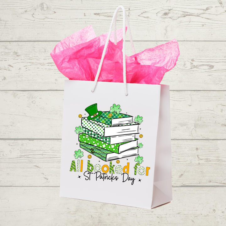 All Booked for St. Patrick’s Day DTF transfer featuring a festive green book stack, shamrocks, and leprechaun hat—perfect for DIY book-lover apparel.