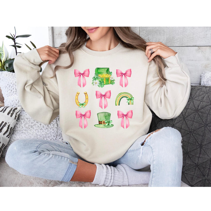 St. Patrick’s Day Coquette Bow DTF Transfer – Ready-to-press pink bow, shamrock, rainbow, and lucky horseshoe heat transfer for stylish DIY shirts and tote bags.