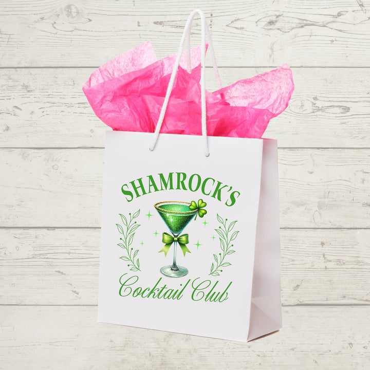 Shamrock’s Cocktail Club DTF transfer featuring an elegant green martini glass with shamrocks, bows, and sparkling details for DIY St. Patrick’s Day apparel
