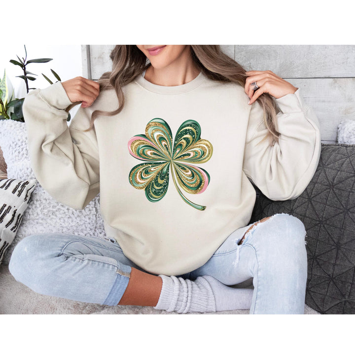 St. Patrick’s Day Glitter Shamrock DTF transfer featuring sparkling green, pink, and gold glitter swirls perfect for festive DIY apparel.