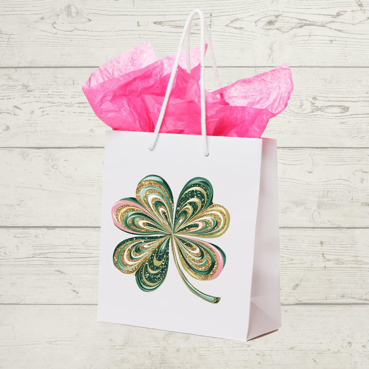 St. Patrick’s Day Glitter Shamrock DTF transfer featuring sparkling green, pink, and gold glitter swirls perfect for festive DIY apparel.