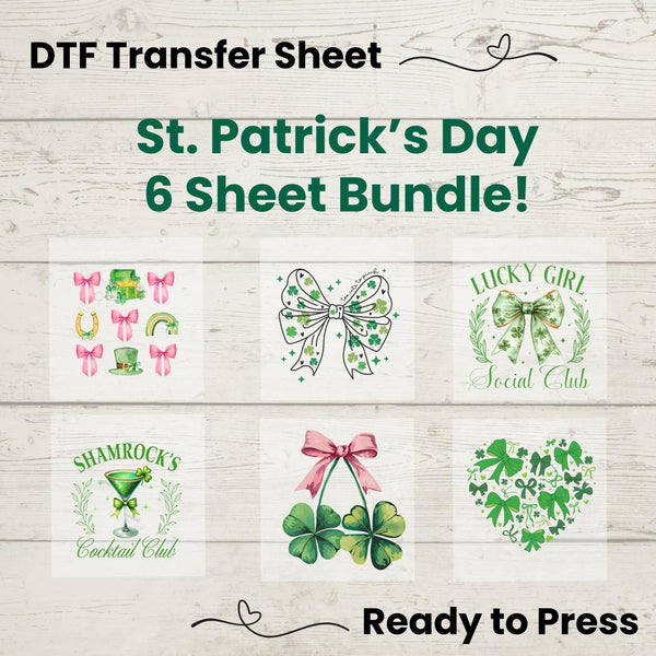 St. Patrick’s Day Coquette Bow DTF Transfer Bundle – 6-sheet ready-to-press heat transfer pack with pastel bows, shamrocks, and aesthetic Irish designs.