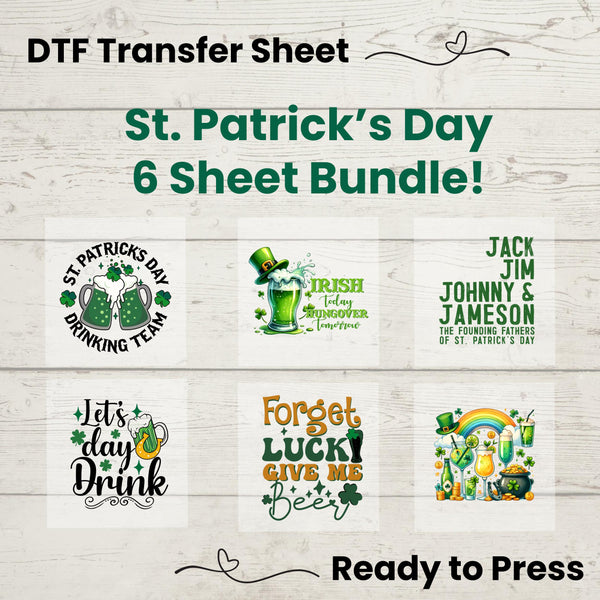 St. Patrick’s Day Drinking Team DTF Transfer Bundle – 6-sheet ready-to-press heat transfer pack with Irish-themed bar crawl and day drink designs.