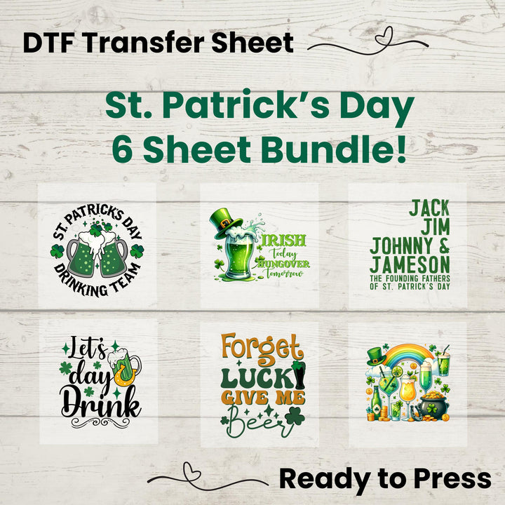 St. Patrick’s Day Drinking Team DTF Transfer Bundle – 6-sheet ready-to-press heat transfer pack with Irish-themed bar crawl and day drink designs.
